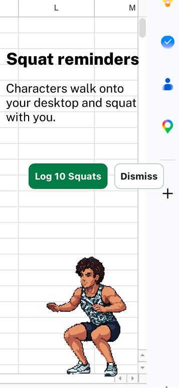 SquatClock desktop reminder with a movement buddy doing squats