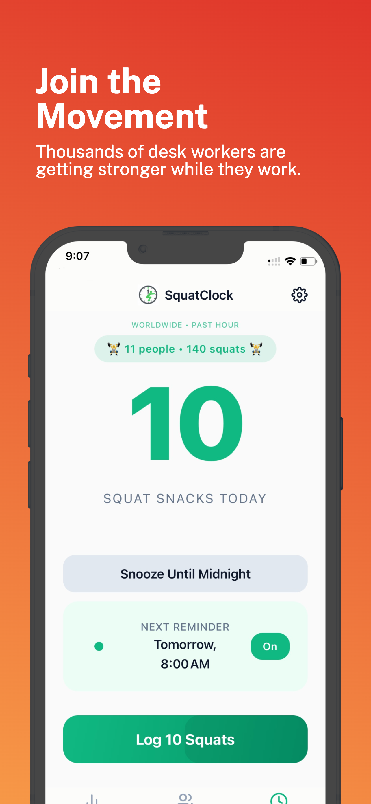SquatClock app main screen showing Join the Movement
